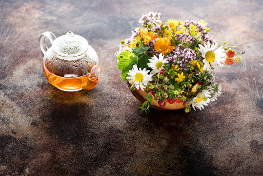 Herbal tea with healing herbs. Medicinal Herbs and Flowers