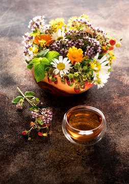 Herbal tea, fresh medical herbs and flowers.