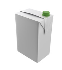 3D realistic render of milk, juice or cream carton. Green lid. White background. Clipping path. Empty template for your design. Back side.