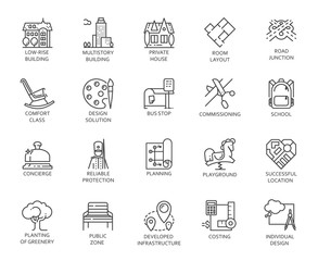Vector set of 20 linear icons of city infrastructure. Pictogram in linear style for advertising and real estate projects, designation of public areas. Graphic contour logo isolated on white background