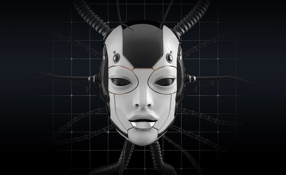 Female bot face on dark digital background. Artificial intelligence in virtual reality. Robot head conceptual design closeup portrait. 3d render