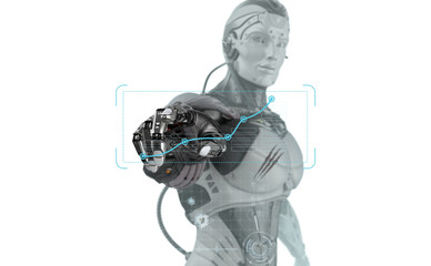 Artificial hand touching screen. Futuristic robot working with virtual hud interface. Electronic buciness concept art. 3d rendering