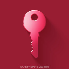 Flat metallic security 3D icon. Red Glossy Metal Key on Red background. EPS 10, vector.