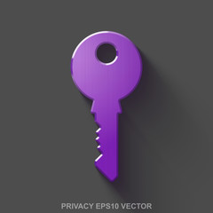Flat metallic safety 3D icon. Purple Glossy Metal Key on Gray background. EPS 10, vector.