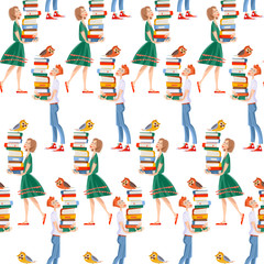 Fototapeta na wymiar A boy and a girl with a piles of books and an owls. Back to school. Literacy Day. Seamless background pattern. 
