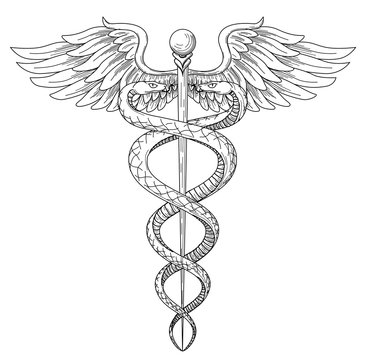 Cadeus Medical medecine pharmacy doctor acient high detailed symbol. Vector hand drawn black linear tho snakes with wings sword background. Greek retro culture hospital old element. Tattoo design.
