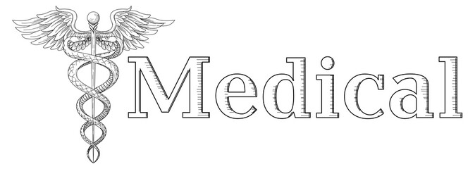 Cadeus Medical medecine pharmacy doctor acient symbol. Vector hand drawn black linear tho snakes with wings sword background. Logo hospital element. Medical inscription copy text space