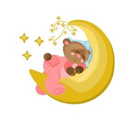 Good night card with teddy bear sleeping on the moon Vector