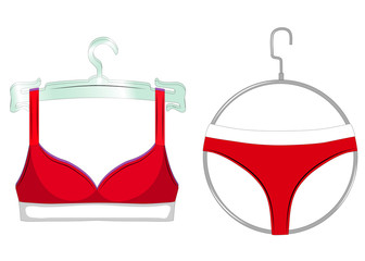 Red bra and panties on a hangers. Female sexy underwear isolated on white background. Vector illustration.