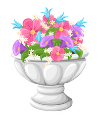 Flower in ceramic grey flowerpots for cultivation of plants. Clay pot in an isometry, isolated on a white background. Web site page and mobile app design vector element