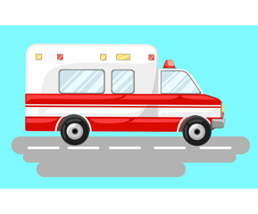 Vector illustration ambulance car on blue background. Ambulance auto paramedic emergency Ambulance vehicle medical evacuation. Cartoon ambulance silhouette on blue Web site page and mobile app design