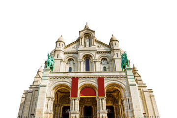 Fototapeta na wymiar Front facade of the Sacre Coeur church or Sacred Heart Basilica of Paris in France in Montmartre historic district of Paris city isolated on white background with copy space.