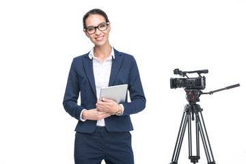 smiling female television reporter using digital tablet standing near video camera, isolated on...