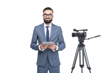 male television reporter using digital tablet standing near video camera, isolated on white