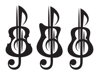 Different kinds of guitar, violin, treble clef. Vektor set of patterns for logo design