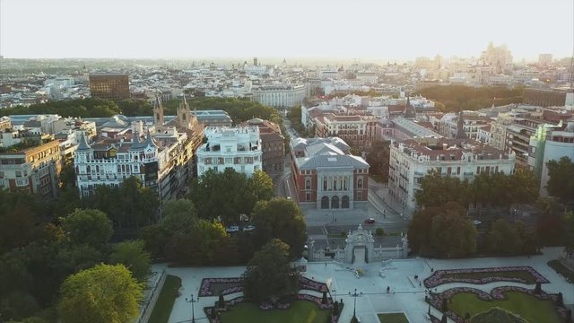 flight drones over the famous Park of the Retiro of Madrid and the Prado Museum