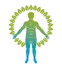 Vector graphic illustration of strong male, body silhouette standing on white background and made using green leaves. Eco friendly living, human and nature harmony concept.