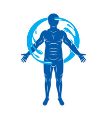 Vector graphic illustration of strong male, body silhouette surrounded by a water ball. Living in harmony with nature.