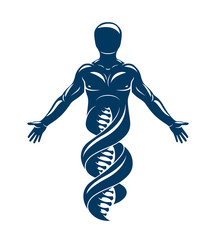 Vector graphic illustration of strong male made as DNA symbol continuation. Bioengineering as the direction of genetics.