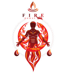 Vector graphic illustration of strong male, body silhouette standing. Fire person as bunch of the powerful energy covered with a fireball.