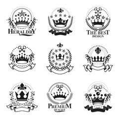 Majestic Crowns emblems set. Heraldic Coat of Arms decorative logos isolated vector illustrations collection.