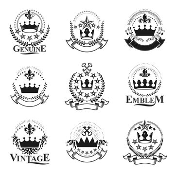 Majestic Crowns emblems set. Heraldic Coat of Arms decorative logos isolated vector illustrations collection.