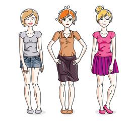 Happy young adult girls female standing in stylish casual clothes. Vector characters set.