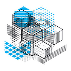Isometric abstract background with linear dimensional shapes, vector 3d mesh elements. Composition of cubes, hexagons, squares, rectangles and different abstract elements.