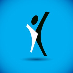Vector illustration of excited abstract  man with raised reaching up. Liberty conceptual logo. Happiness metaphor icon. Business innovation idea creative symbol.
