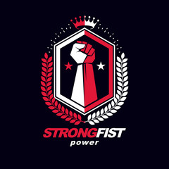 Vector symbol created using raised fist of a muscular man, laurel wreath and royal crown.  Fighter club conceptual logo.