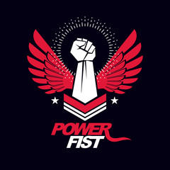 Strong fist of a muscular man vector illustration. Best fighter vector symbol, triumph concept.