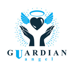 Loving heart in human hands, giving aid metaphor. Holy spirit graphic vector logo best for use in charity organizations.