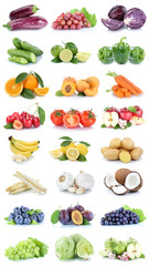 Obst und Gemüse Früchte Apfel Tomaten Bananen Orangen Zitrone Beeren Salat Farben Collage Freisteller freigestellt isoliert