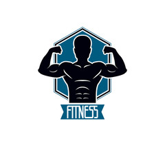 Bodybuilding and fitness sport logo templates, vintage style vector emblem. With bodybuilder silhouette.