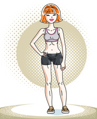 Young beautiful red-haired sporty woman standing. Vector character wearing shorts. Sport and fitness theme.