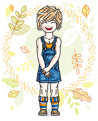 Cute little fair-haired girl standing on background of autumn landscape and wearing stylish casual clothes. Vector human illustration.