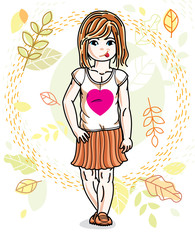 Pretty little redhead girl standing on background of autumn landscape and wearing different casual clothes. Vector pretty nice human illustration. Fashion theme clipart.
