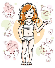 Little red-haired girl toddler in underwear standing on background with cats. Vector attractive kid illustration. Sleep time theme.