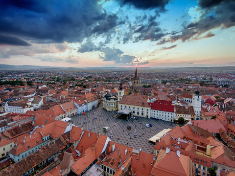 Aerial View of Sibiu at sunset in Transylvania, Rumania