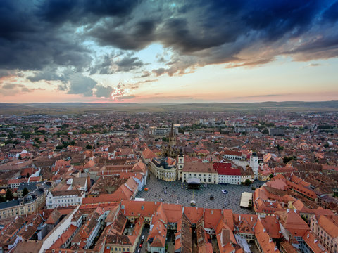 Aerial view of Sibiu, Tranylvania, Romania at sunset