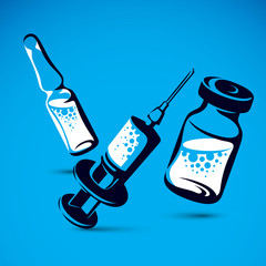 Vector graphic illustration of bottle, ampoule with medicine and medical syringe for injections. Antivirus vaccination concept.