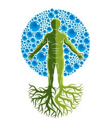 Vector illustration of athletic man made with tree roots and surrounded with water bubbles, element of water. Environment conservation metaphor.