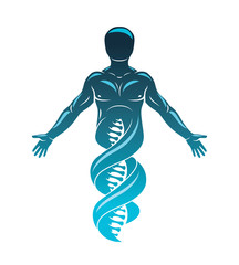 Vector graphic illustration of strong male made as DNA symbol continuation. Bioengineering as the direction of genetics.