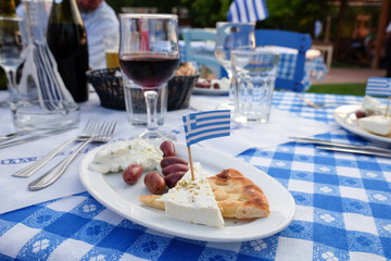 Traditional Greek Appetiser with Olives, Tzatziki, cheese and bread