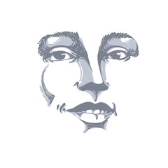 Hand-drawn portrait of white-skin flirting woman, face emotions theme illustration. Beautiful sexy lady posing on white background,  girl with delicate face features.