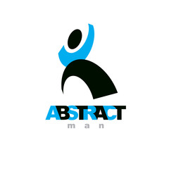 Vector illustration of happy abstract  man with raised reaching up. Successful business career emblem. Corporate development symbol. Freedom creative logo.