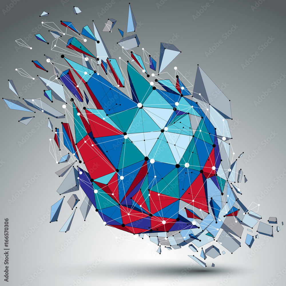 Poster abstract 3d faceted blue figure with connected black lines and dots. vector low poly shattered desig