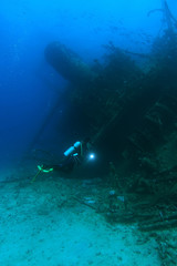 Fototapeta na wymiar Lonely scuba diver explore Giannis D wreck