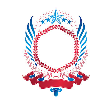 Graphic winged emblem composed using ancient star and laurel wreath. Heraldic vector design element. Retro style label, heraldry logo.