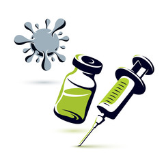 Vector graphic illustration of bottle with medicine and disposable syringe for injections to kill a virus. Scheduled vaccination theme